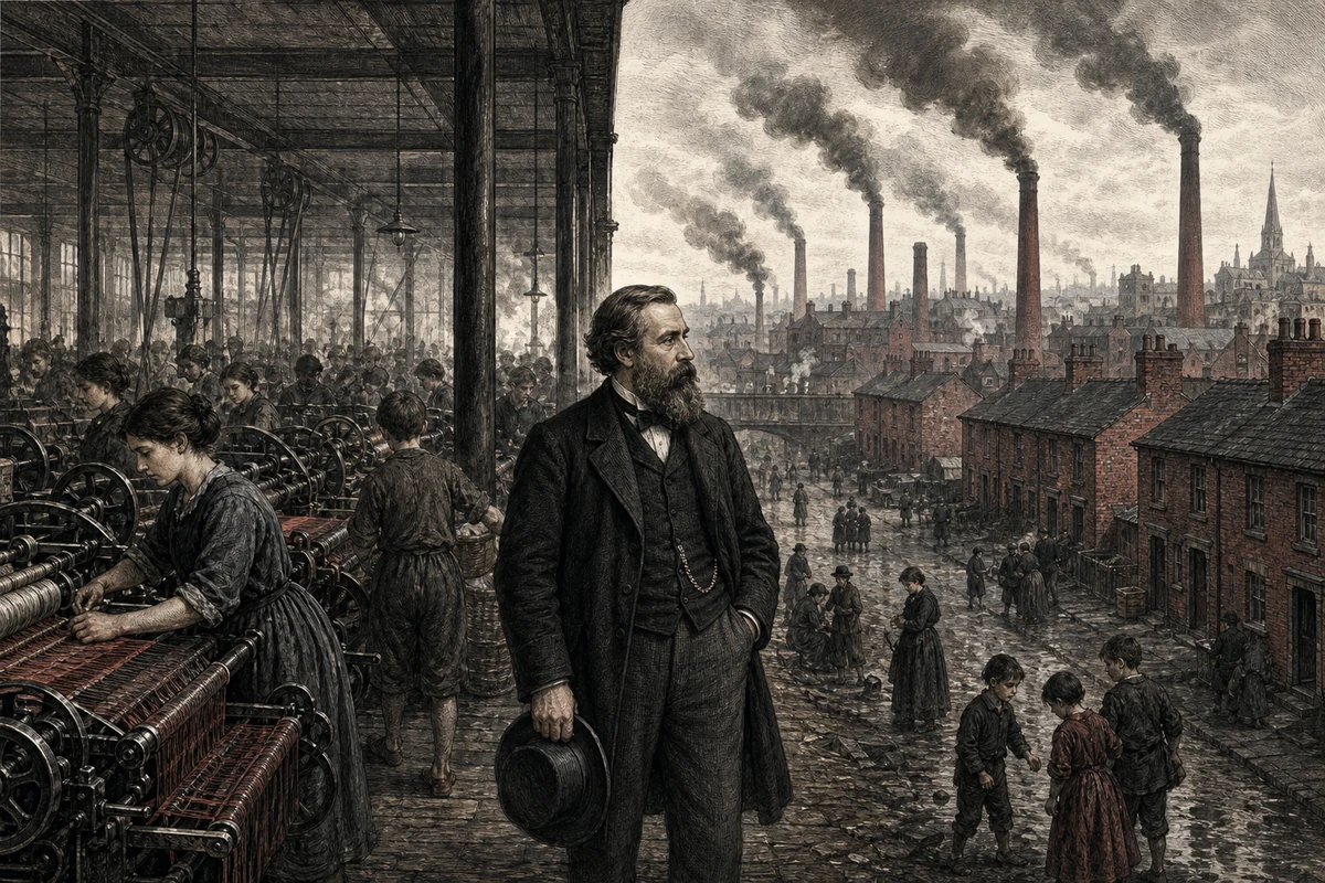 Historische Illustration mit Textilarbeiterinnen, Fabrikmaschinen und Friedrich Engels vor einer Industriestadt des 19. Jahrhunderts