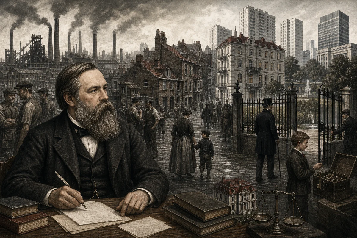 Historische Illustration mit Friedrich Engels, Fabrikarbeitern, Wohnhäusern, einer Waage und einer Industriestadt