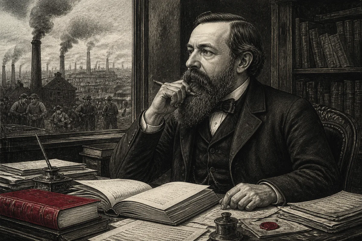 Friedrich Engels an einem Schreibtisch mit Büchern und Manuskripten vor einer Industriestadt des 19. Jahrhunderts