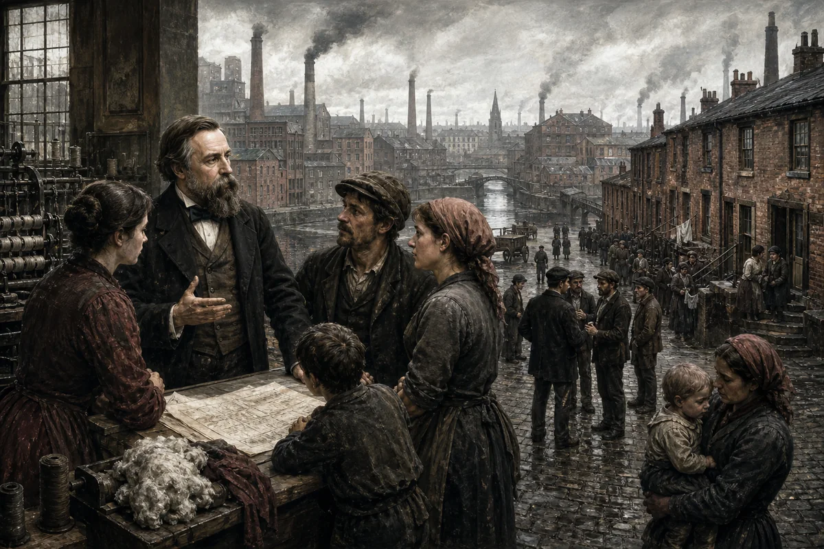 Friedrich Engels im Gespräch mit Arbeiterinnen und Arbeitern vor einer rauchenden Industriestadt des 19. Jahrhunderts