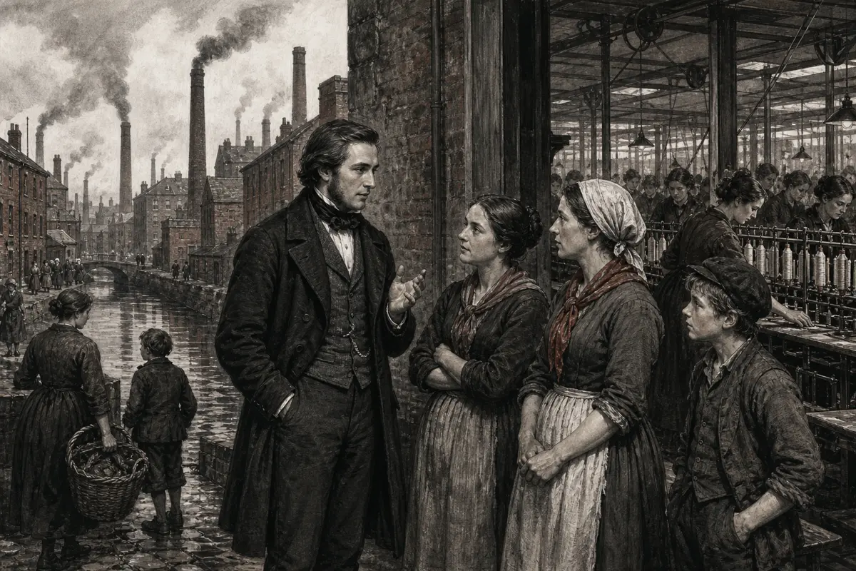 Friedrich Engels spricht mit Textilarbeiterinnen und einem jungen Arbeiter vor einer Fabrik in Manchester