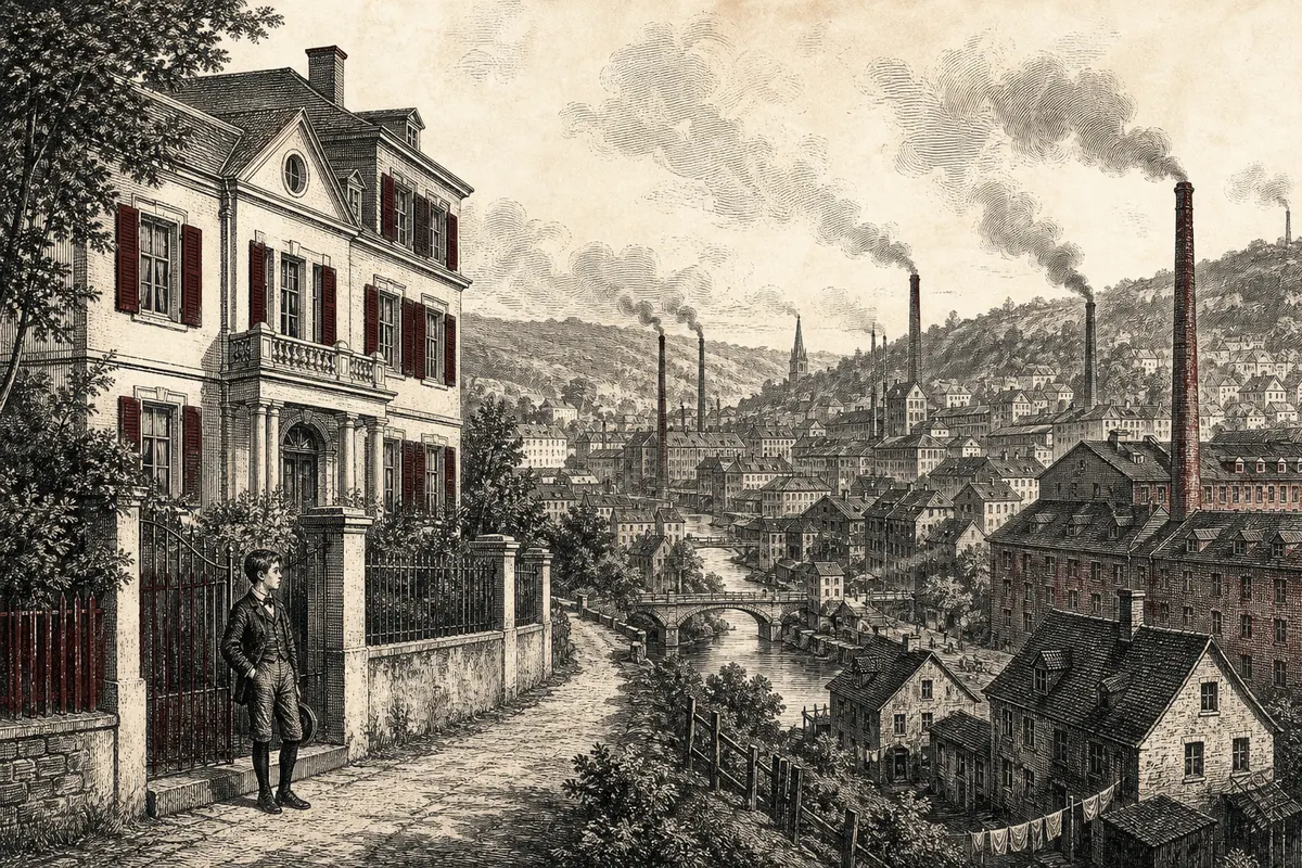 Historische Illustration von Barmen mit bürgerlichem Haus, Fabriken und dem jungen Friedrich Engels