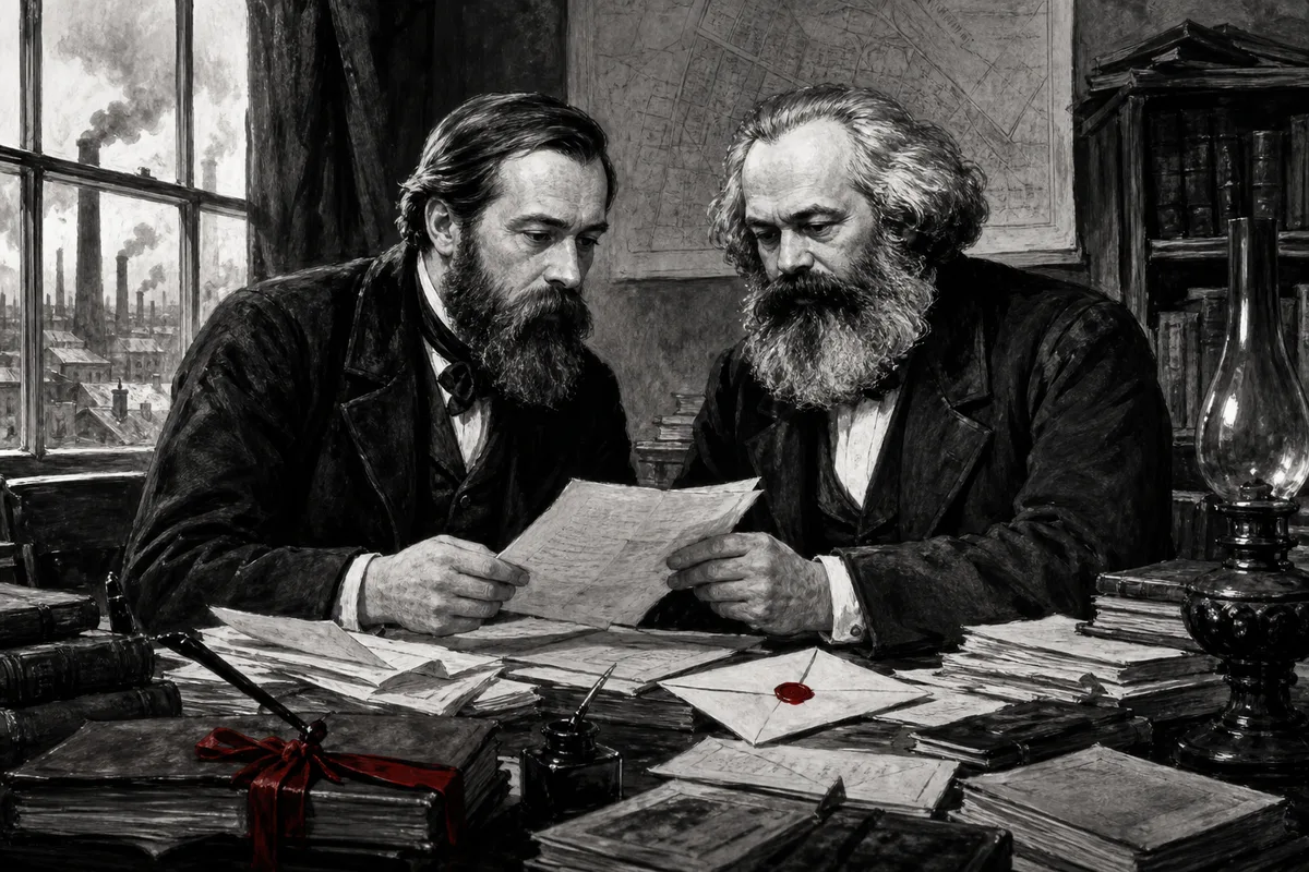 Friedrich Engels und Karl Marx beim Lesen und Besprechen von Briefen und Manuskripten in einem Arbeitszimmer vor einer Industriestadt