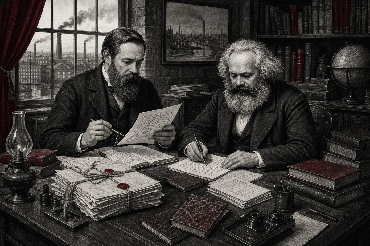 Friedrich Engels und Karl Marx bei der Arbeit an Manuskripten und Berechnungen für Das Kapital