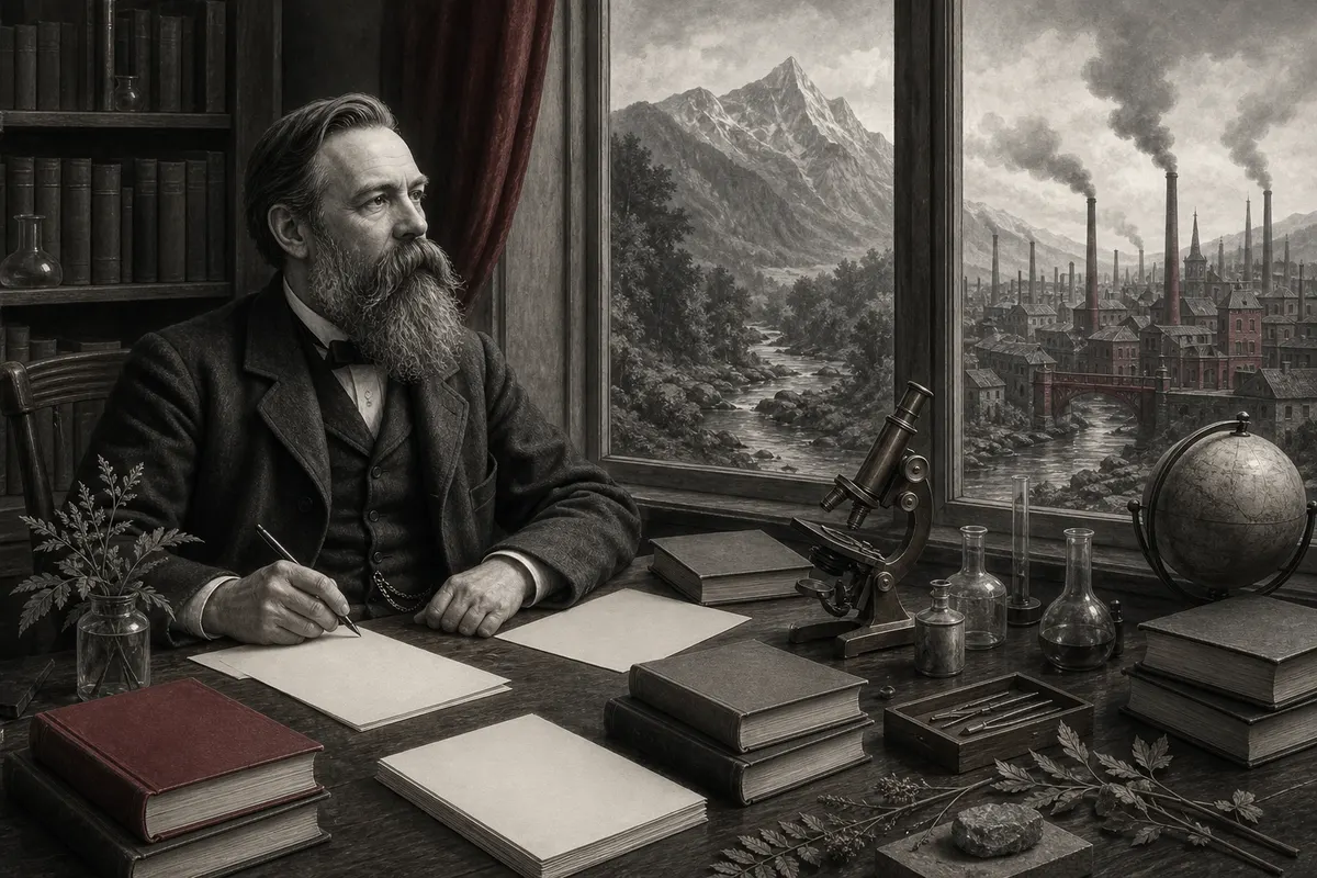 Friedrich Engels an einem Schreibtisch mit blanken Büchern, wissenschaftlichen Instrumenten, Natur und Industriestadt