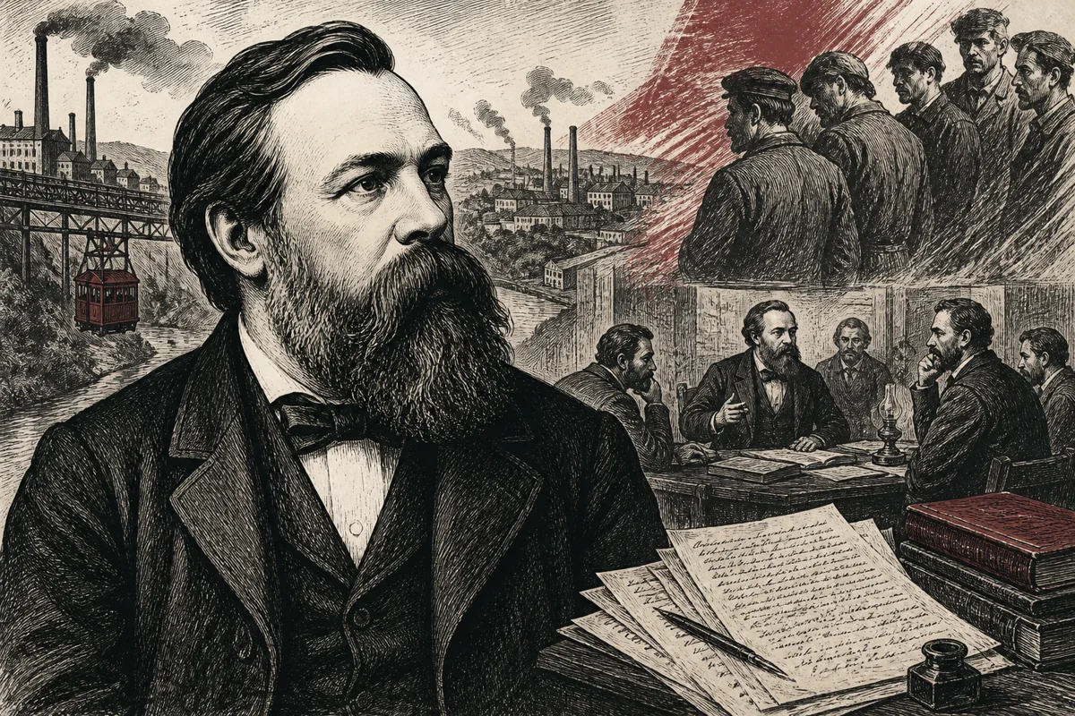Friedrich Engels vor einer industriellen Stadtszenerie mit Arbeitern, Manuskripten und politischen Gesprächen