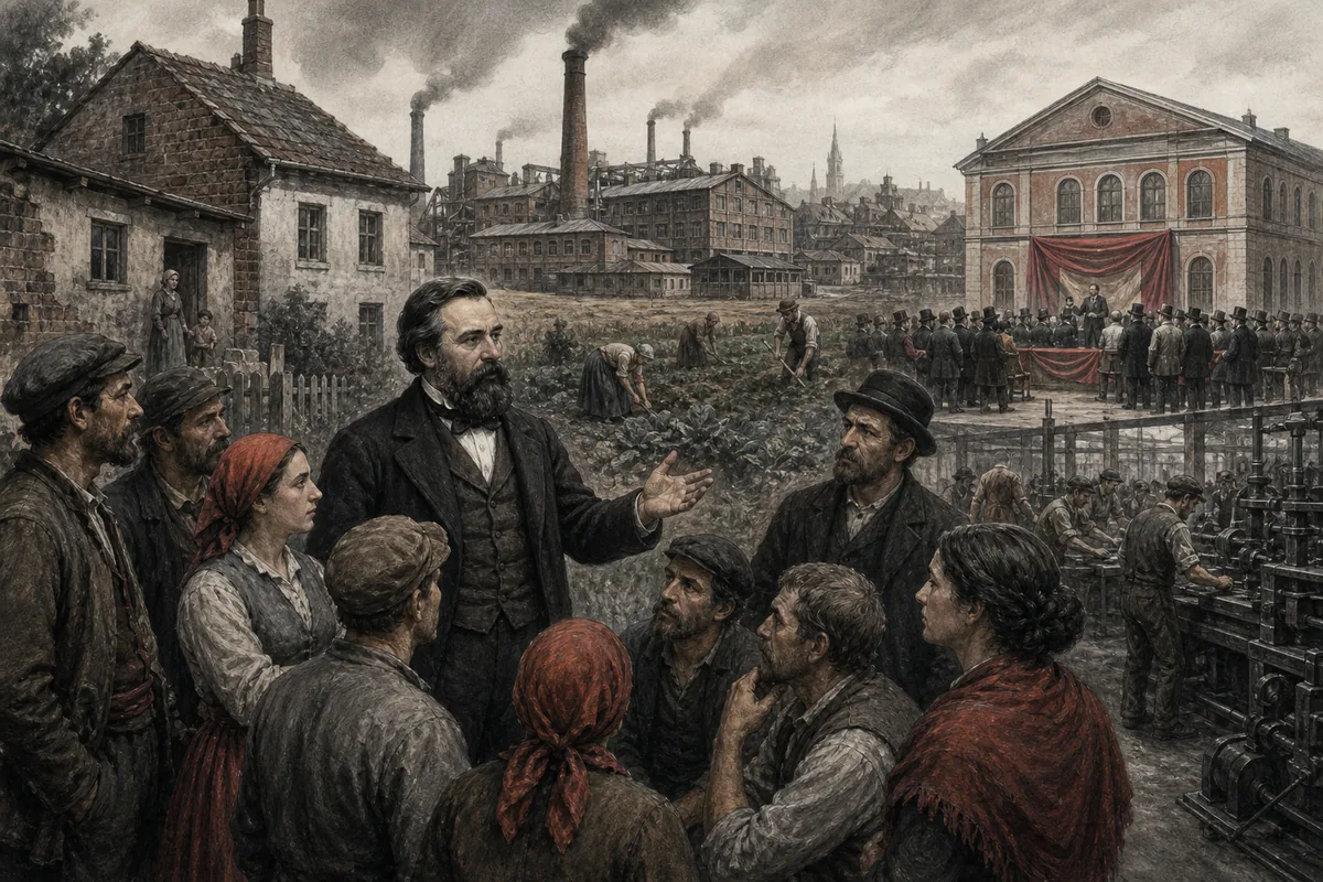 Friedrich Engels im Gespräch mit arbeitenden Frauen und Männern vor einem Arbeiterwohnhaus, einer Industriestadt und einem Versammlungssaal