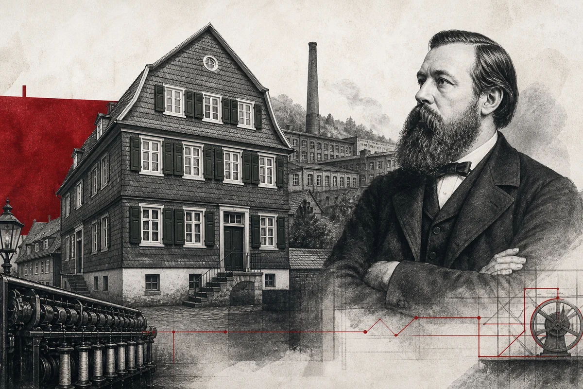 Das Engels-Haus in Wuppertal-Barmen vor einer Textilfabrik und einem Porträt von Friedrich Engels