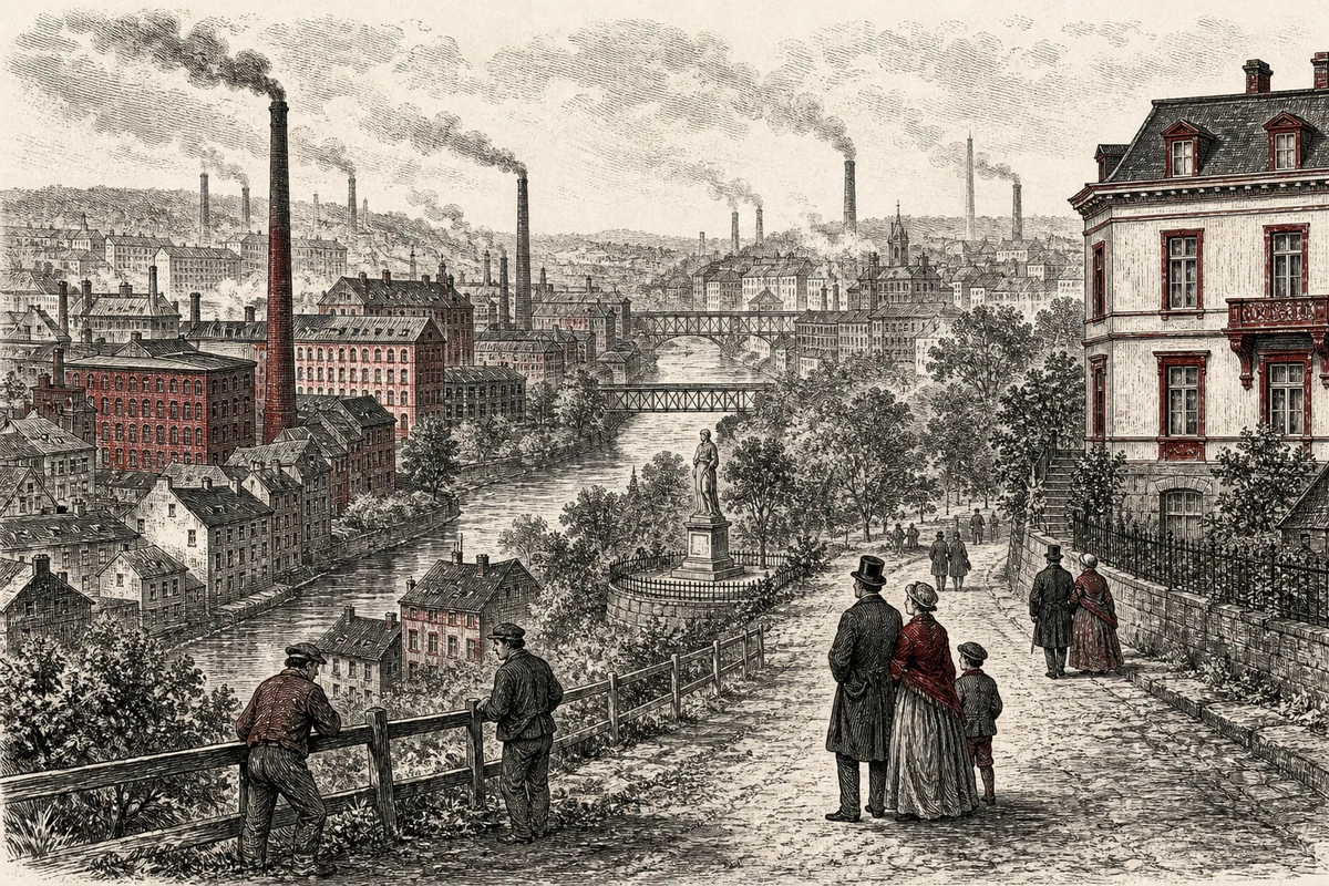 Historische Industrielandschaft im Wuppertal mit Engelsgarten, Brücken, Fabriken und Erinnerungsort