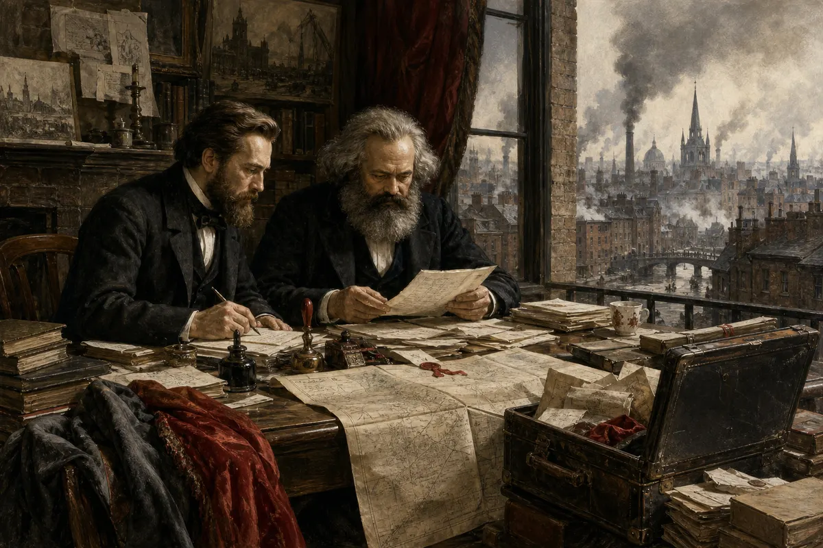 Karl Marx und Friedrich Engels bei der politischen Arbeit im Exil zwischen Manuskripten, Reisekarte und Industriestadt