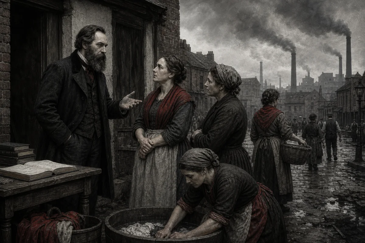 Friedrich Engels im Gespräch mit arbeitenden Frauen vor einem Arbeiterquartier und einer Industriestadt des 19. Jahrhunderts