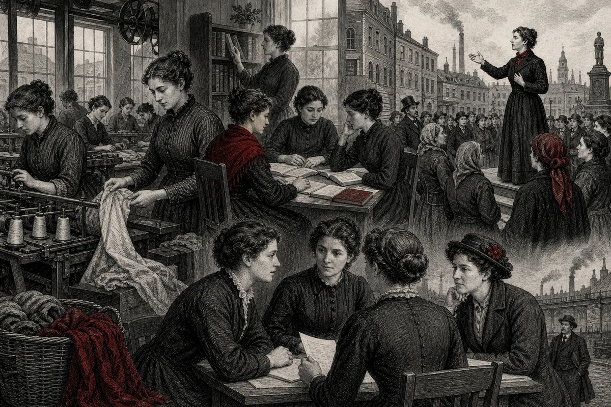 Historische Szene mit Frauen bei Arbeit, Bildung und öffentlicher Versammlung für ihre Rechte