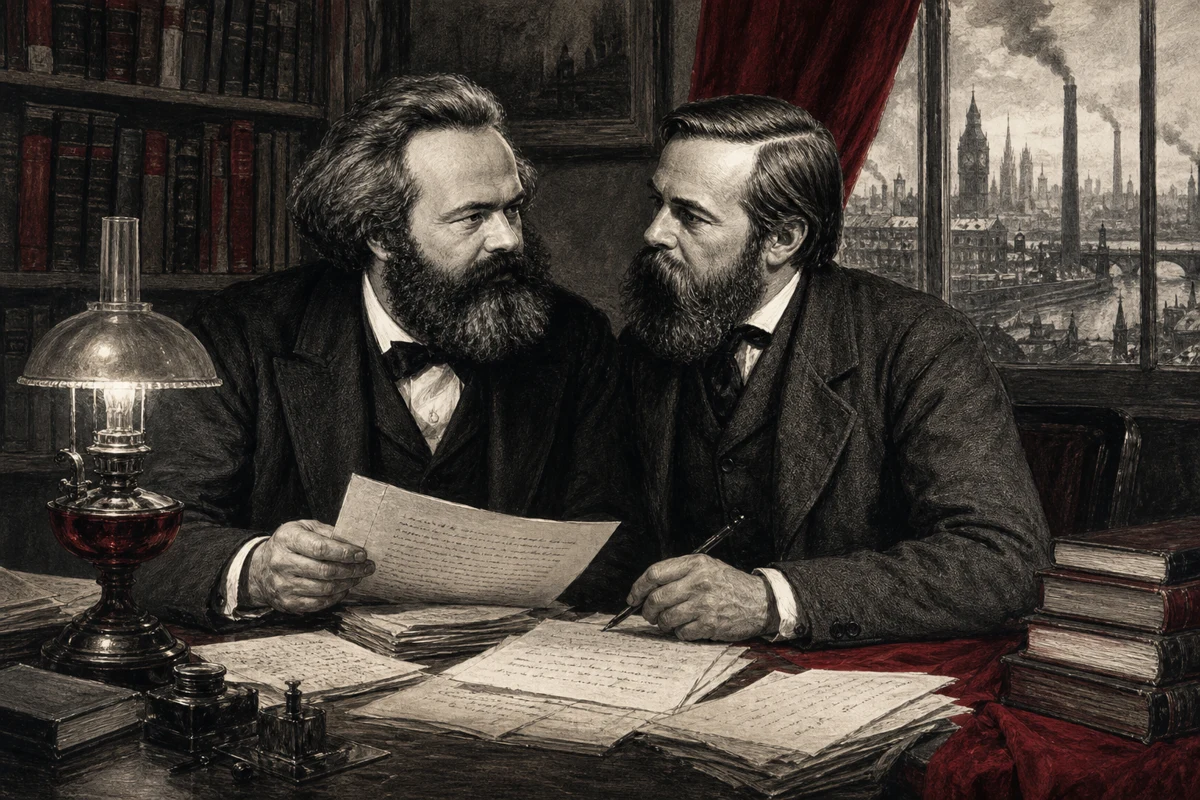 Karl Marx und Friedrich Engels bei der gemeinsamen Arbeit an Briefen und Manuskripten in einem Londoner Arbeitszimmer