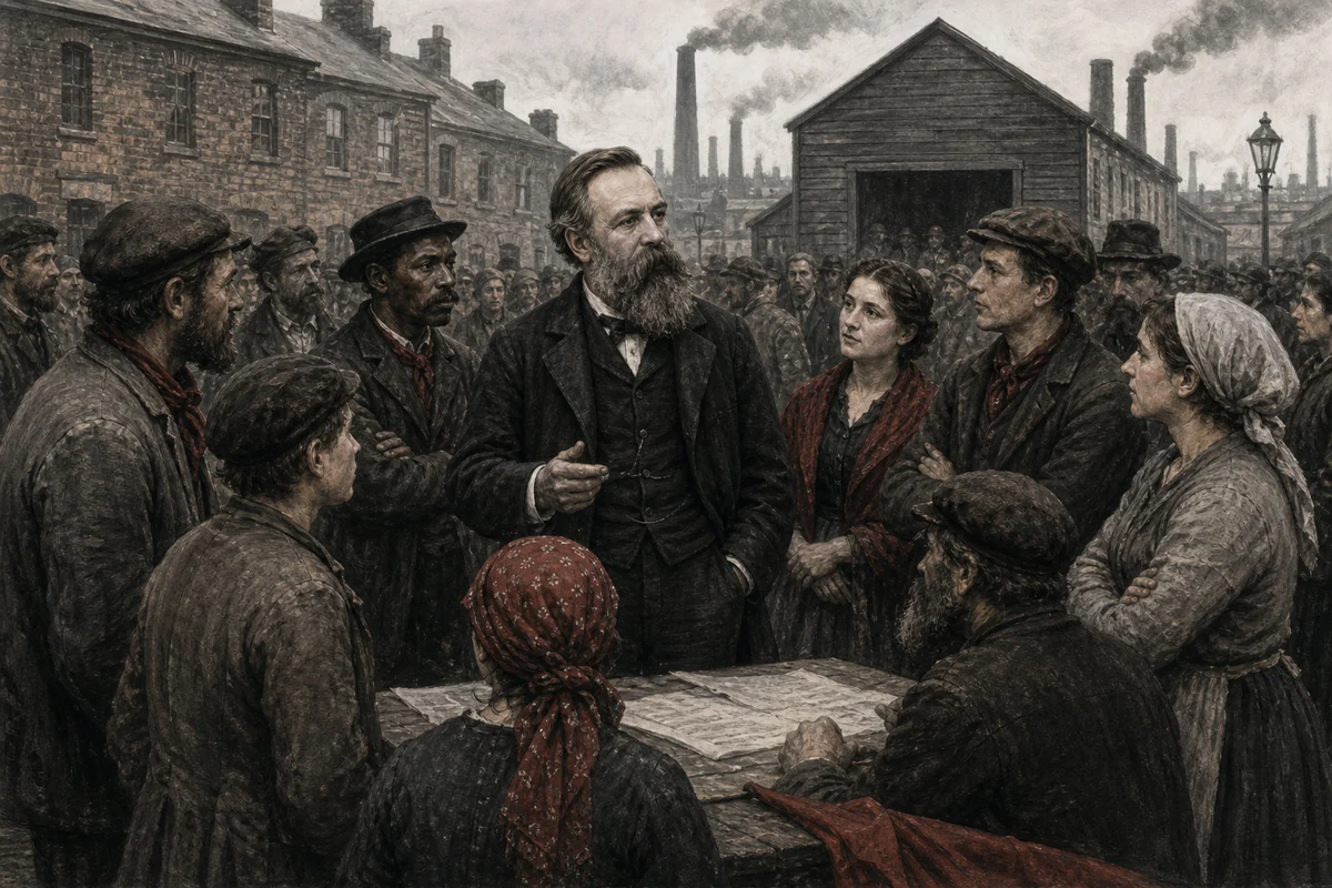Friedrich Engels im Gespräch mit arbeitenden Menschen vor einem Gewerkschaftstreffen im Industrieviertel