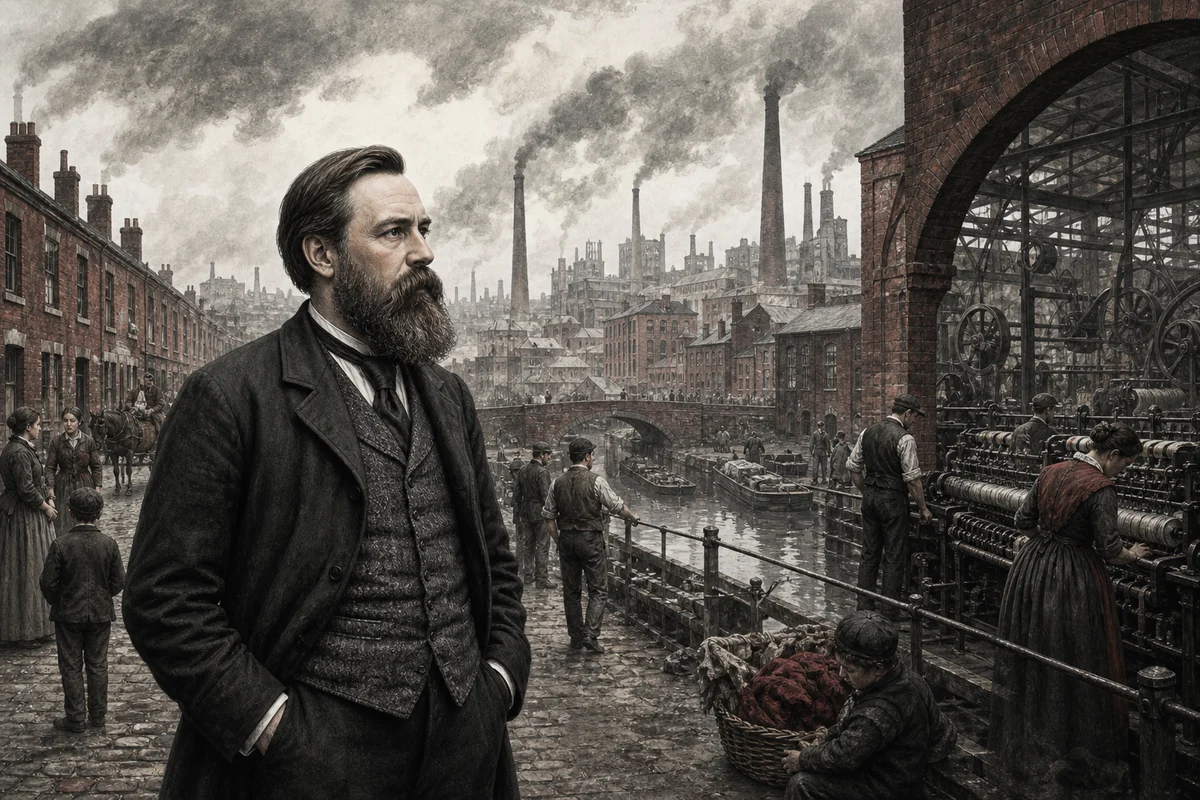 Friedrich Engels vor einer industriellen Stadt mit Fabriken, Arbeiterhäusern und arbeitenden Menschen