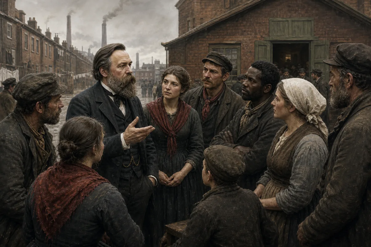 Friedrich Engels im Gespräch mit arbeitenden Menschen unterschiedlicher Herkunft in einem Industrieviertel des 19. Jahrhunderts