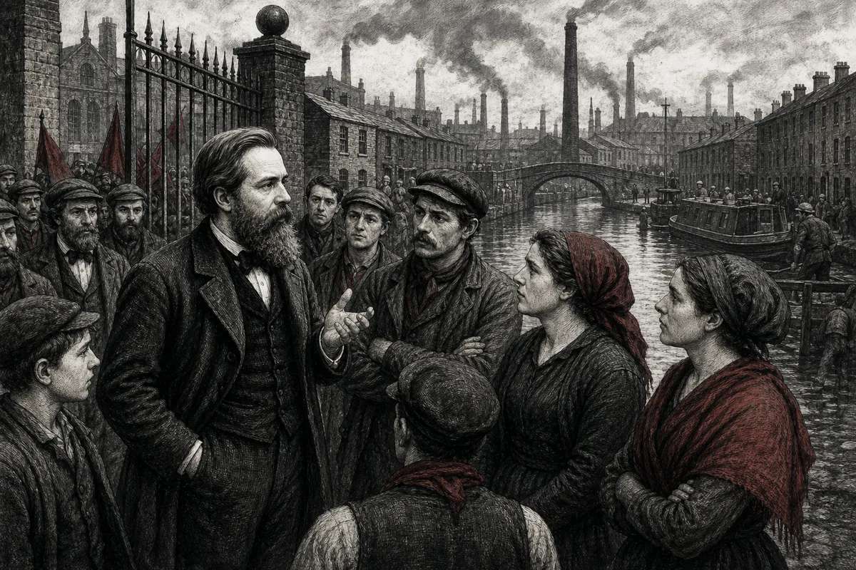 Friedrich Engels im Gespräch mit Arbeiterinnen und Arbeitern vor einer rauchenden Industriestadt am Kanal