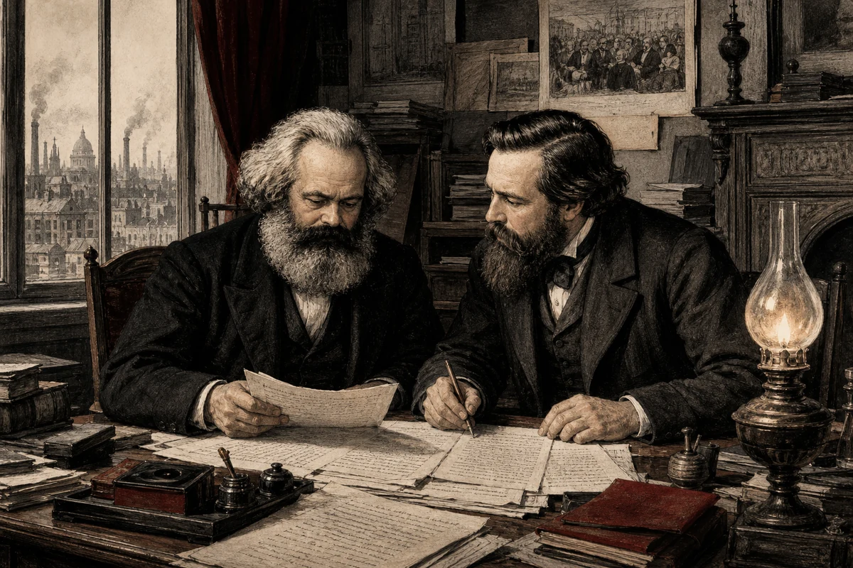 Karl Marx und Friedrich Engels bei der Arbeit am Kommunistischen Manifest