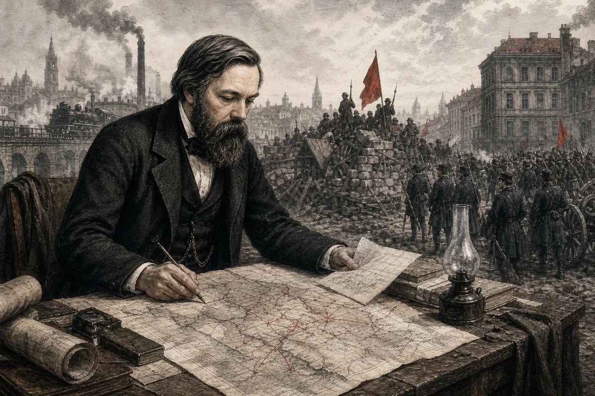 Friedrich Engels bei der Arbeit an einer Militärkarte vor Eisenbahn, Barrikade und Soldaten des 19. Jahrhunderts
