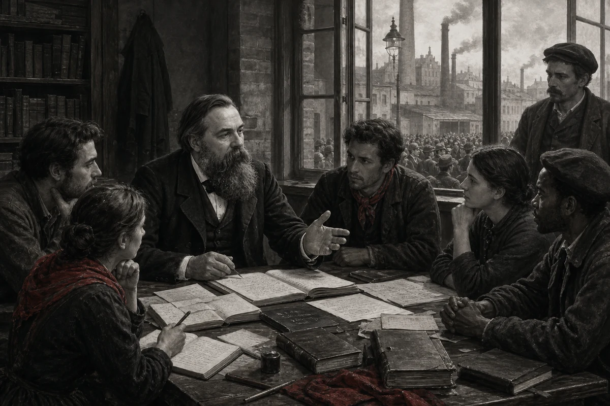Friedrich Engels diskutiert mit arbeitenden Menschen über Manuskripte, Wissenschaft und politische Fragen in einem Industrieviertel