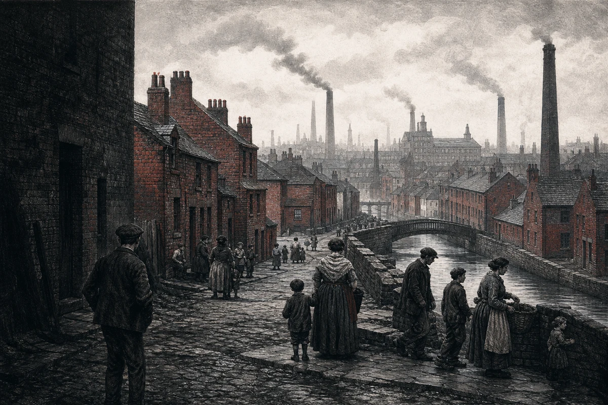 Historische Industrielandschaft von Manchester mit Arbeiterquartier, Kanal und Fabriken im 19. Jahrhundert