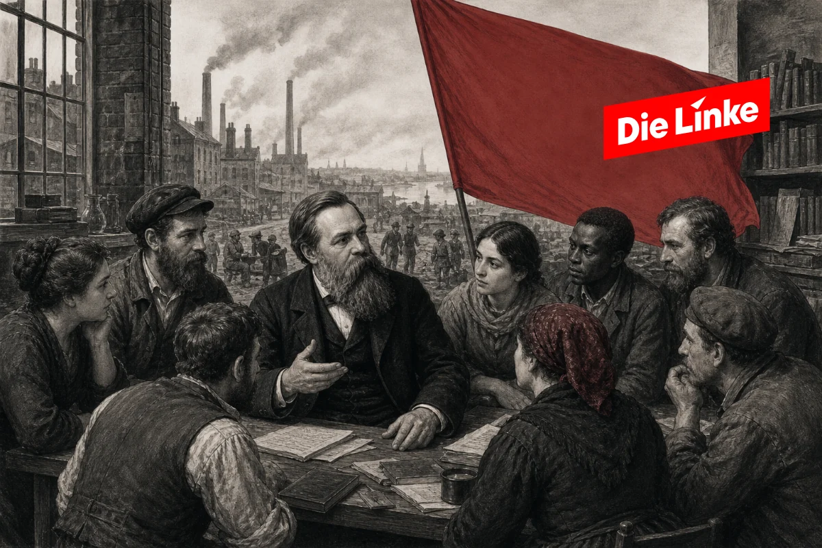Friedrich Engels im Gespräch mit arbeitenden Menschen vor einer Industriestadt und einer roten Fahne mit dem Logo der Partei Die Linke