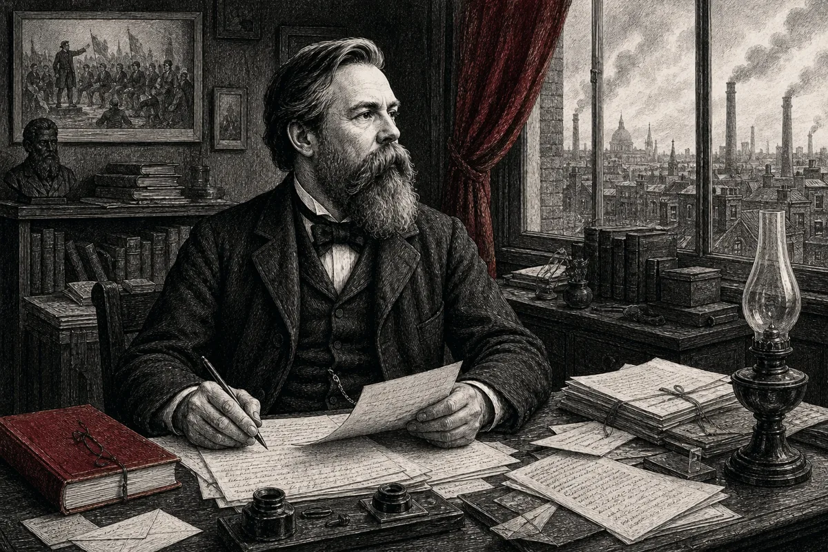 Historische Illustration von Friedrich Engels in London an einem Schreibtisch mit Manuskripten, Briefen und Blick auf das viktorianische London