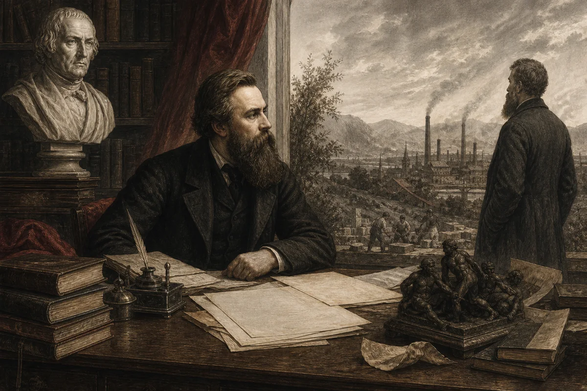Historische Illustration mit Friedrich Engels an einem Schreibtisch, einer Büste und einer Industriestadt im Hintergrund