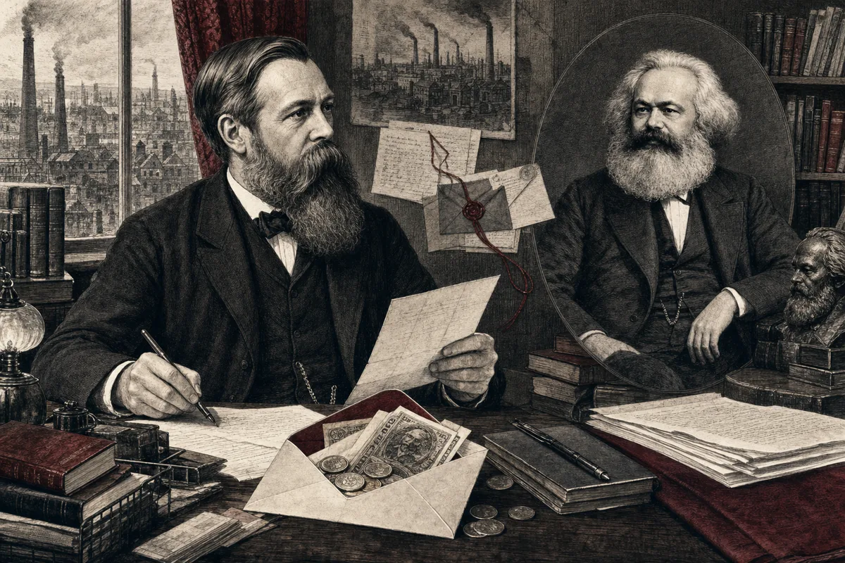 Friedrich Engels und Karl Marx zwischen Briefen, einem Geldumschlag, Manuskripten und Büchern vor einer Manchester-Industrielandschaft