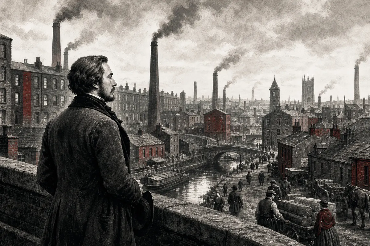 Historische Illustration des jungen Friedrich Engels vor Manchester mit Fabriken, Kanälen und Arbeiterhäusern