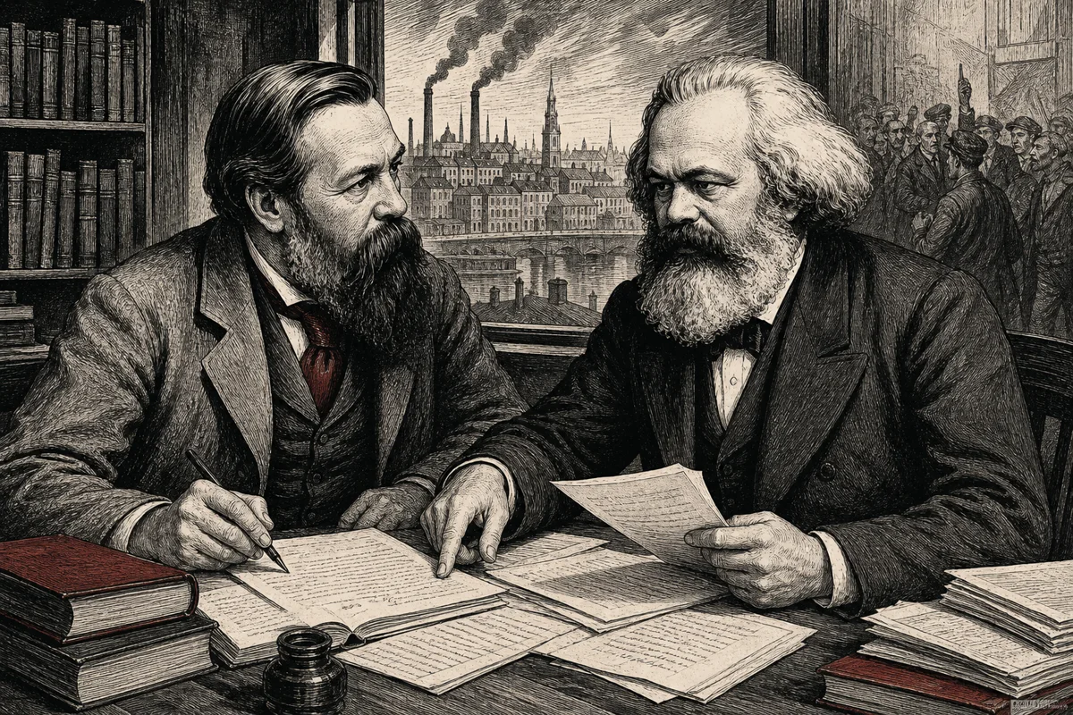 Friedrich Engels und Karl Marx im Gespräch über Manuskripte und politische Fragen