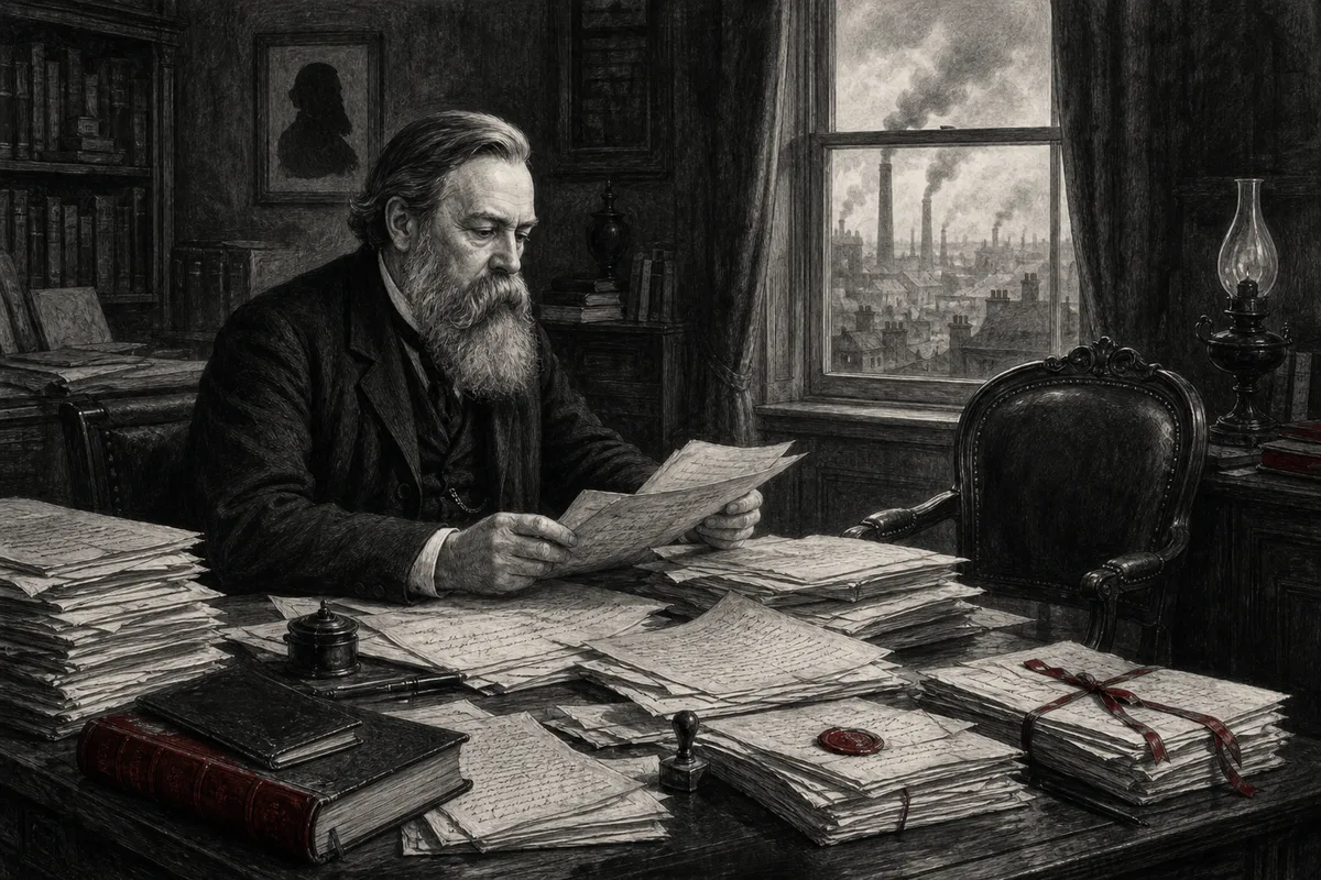 Friedrich Engels bei der Arbeit an Marx’ Manuskripten in einem Londoner Arbeitszimmer