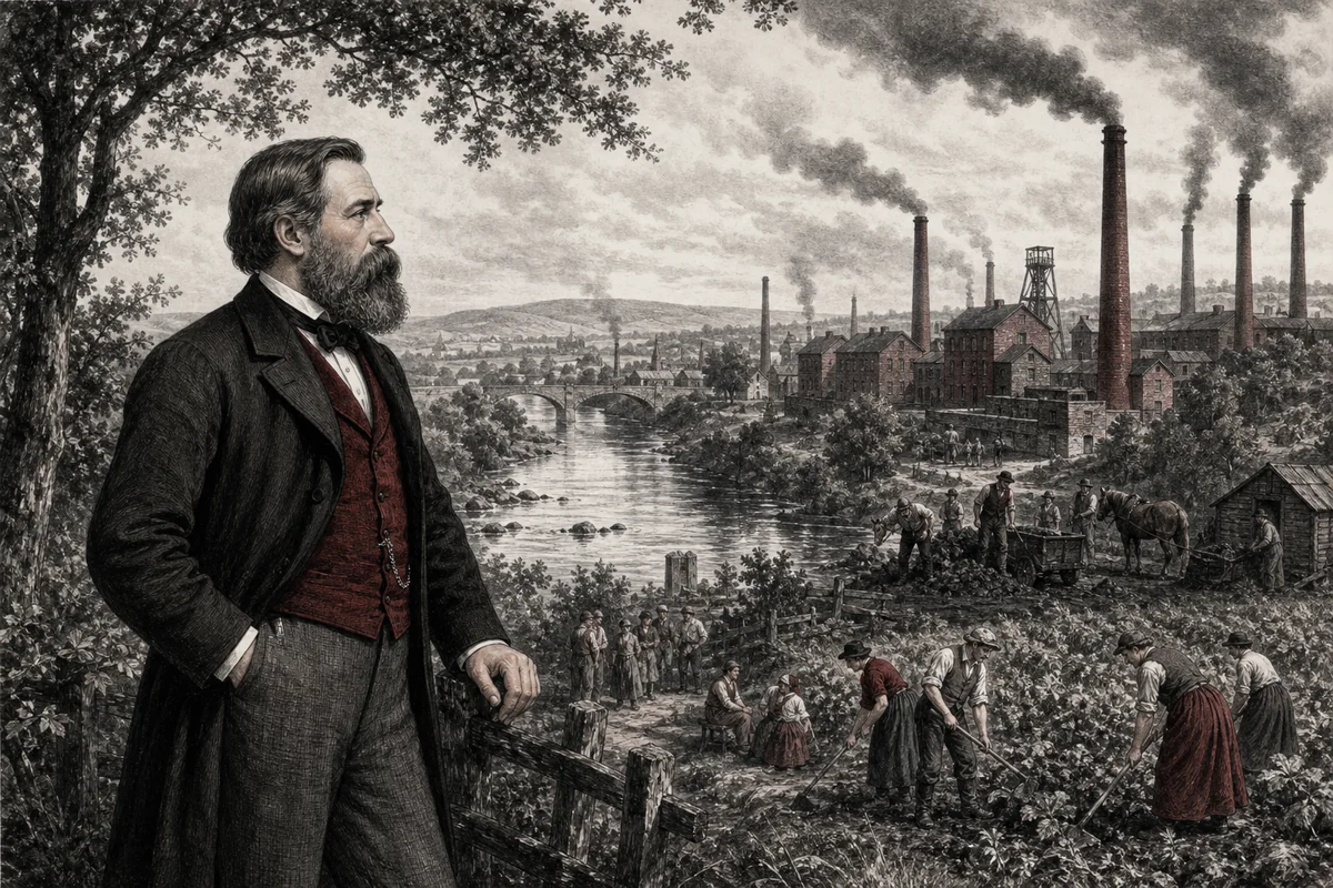 Historische Szene mit Friedrich Engels, arbeitenden Menschen, Flusslandschaft und Industrie im Wandel