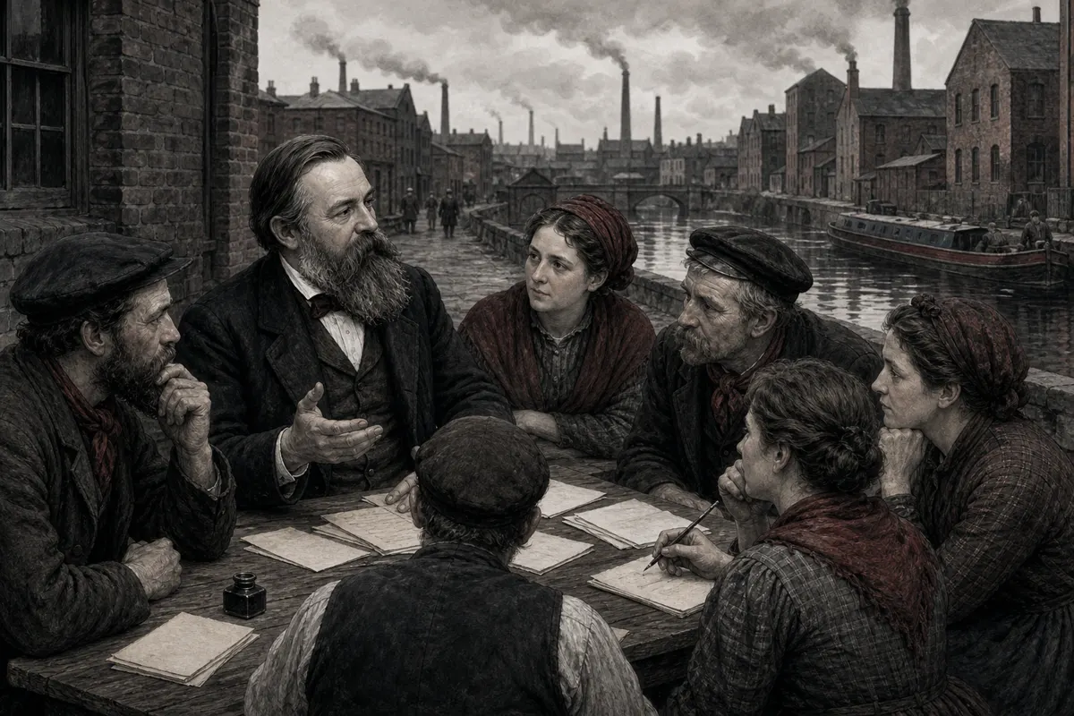 Friedrich Engels im Gespräch mit organisierten Arbeiterinnen und Arbeitern an einem Tisch am Kanal