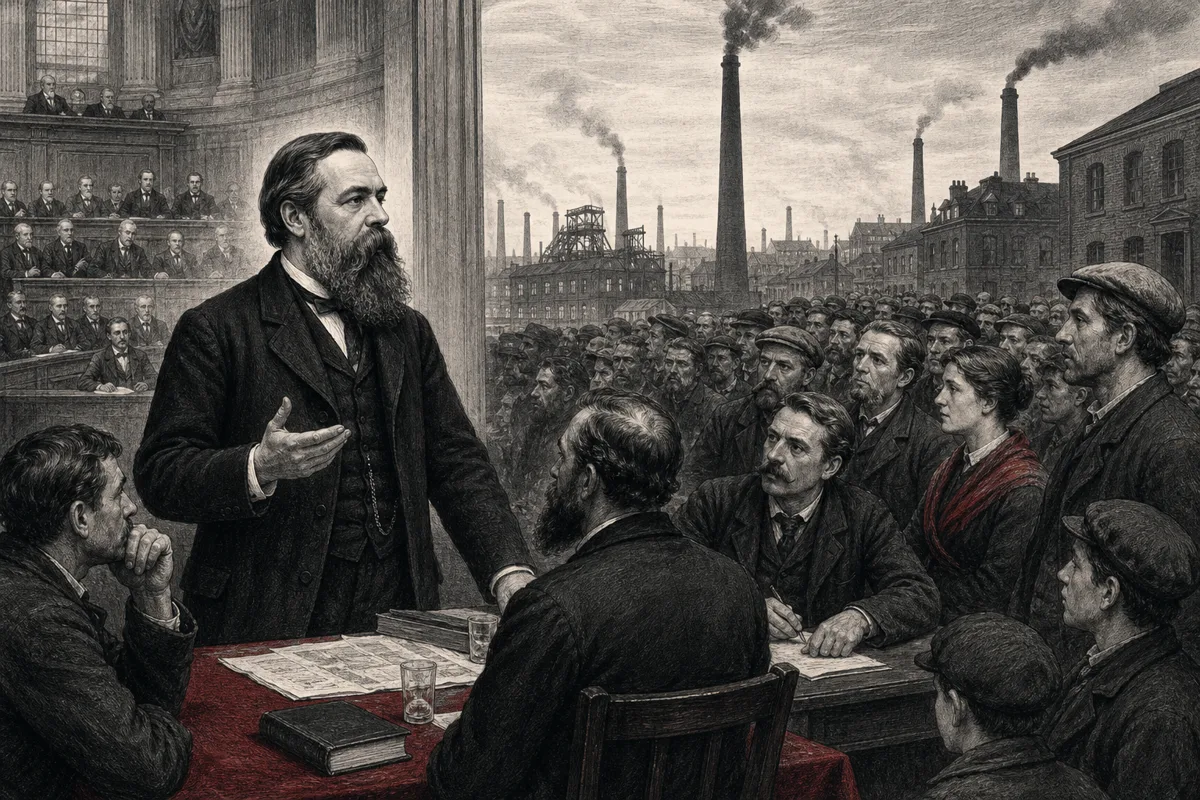 Friedrich Engels spricht mit Arbeiterinnen und Arbeitern über Reformen und gesellschaftliche Veränderung in einem Industrieviertel