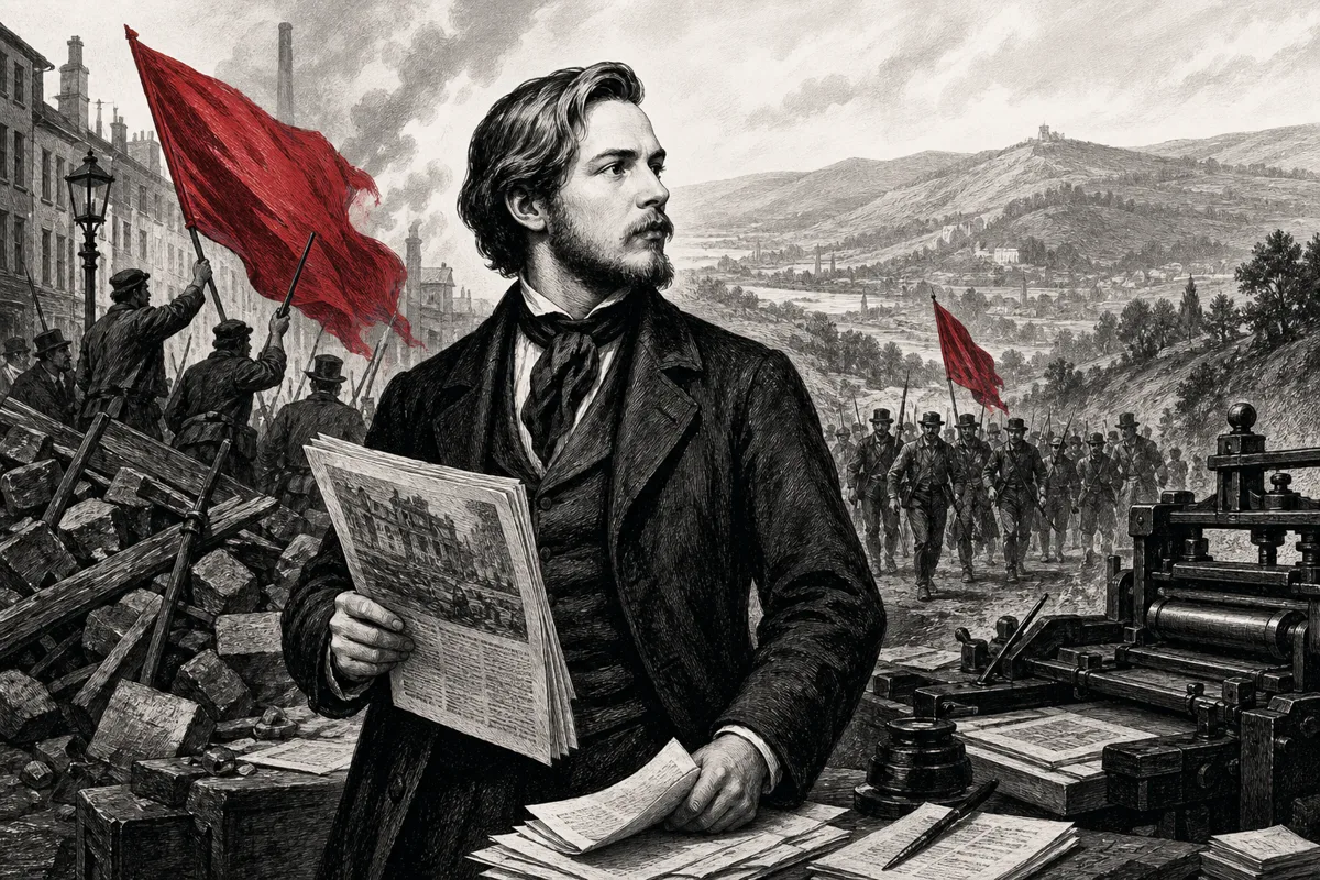 Historische Illustration von Friedrich Engels als Revolutionär mit Zeitung, Barrikaden, roten Fahnen und einer Druckerpresse