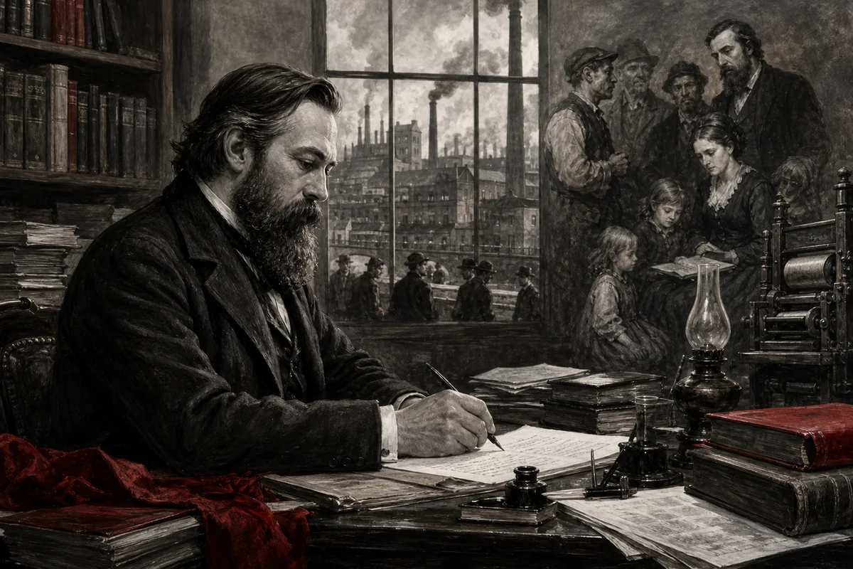 Friedrich Engels bei der Arbeit an einem Schreibtisch zwischen Büchern, Fabrikstadt und Menschen des 19. Jahrhunderts