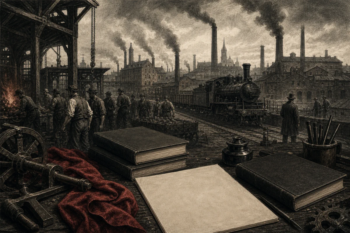 Historische Industriestadt mit Fabriken, Eisenbahn, arbeitenden Menschen und blanken Büchern als Bildmotiv zu Engels’ Sozialismusschrift