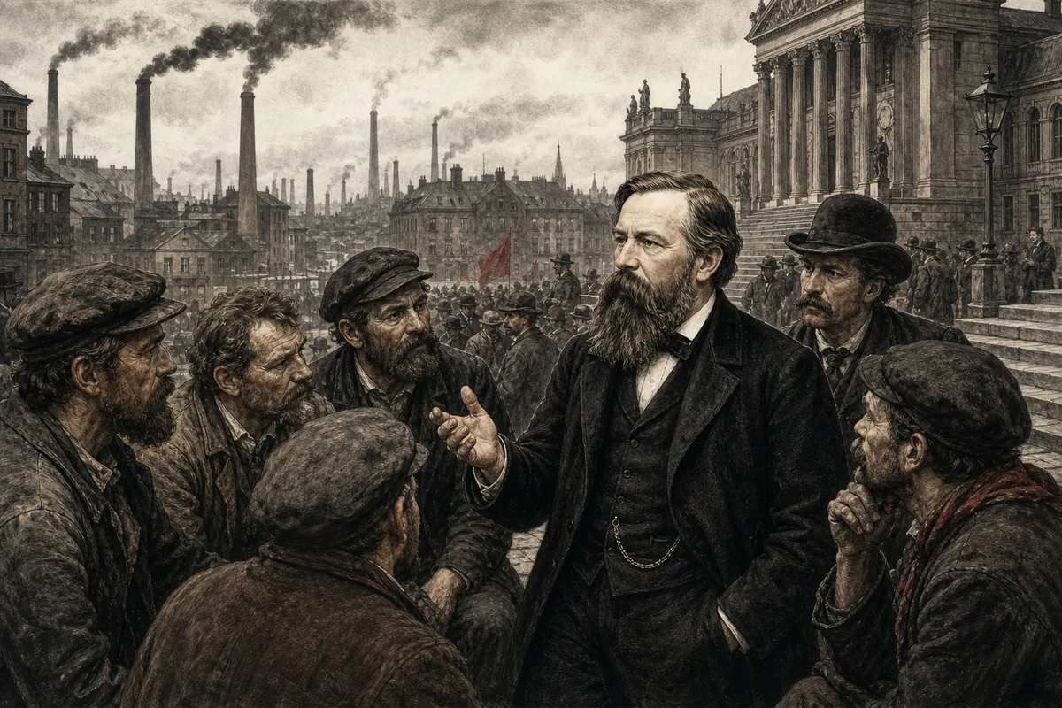 Friedrich Engels im Gespräch mit Arbeitern vor einer Industriestadt und einem öffentlichen Gebäude des 19. Jahrhunderts