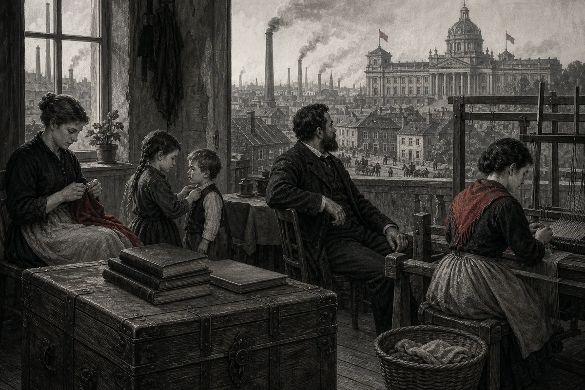 Historische Szene mit arbeitenden Frauen, Familie, Büchern und Eigentumstruhe vor einer Industriestadt des 19. Jahrhunderts