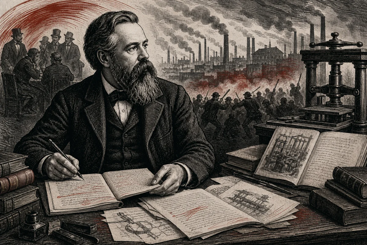 Friedrich Engels am Schreibtisch mit Manuskripten vor einer Industrielandschaft und einer Druckerpresse
