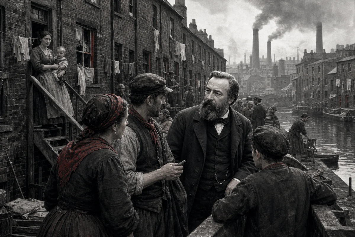 Friedrich Engels im Gespräch mit Bewohnerinnen und Bewohnern eines dicht bebauten Arbeiterquartiers am Kanal