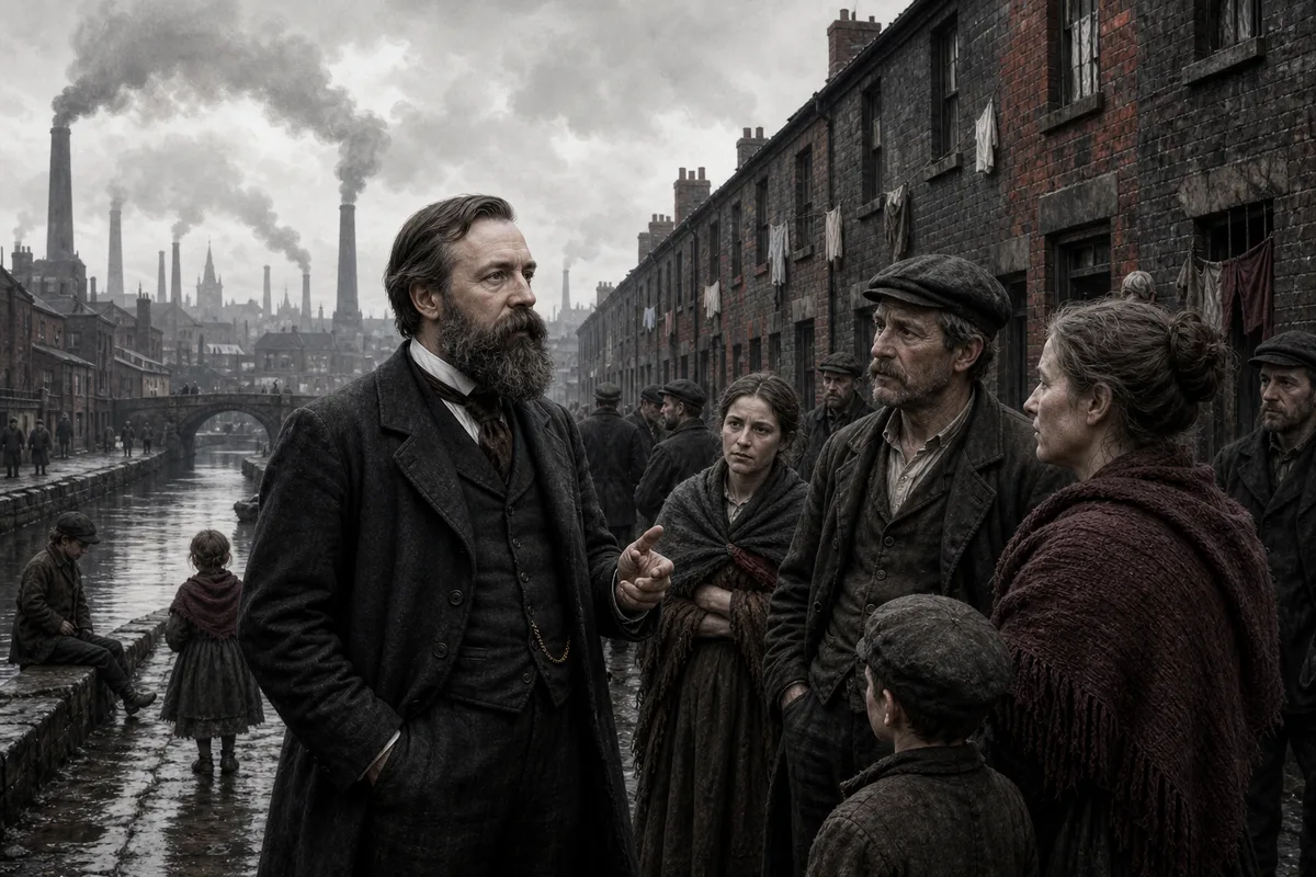 Friedrich Engels im Gespräch mit Bewohnerinnen und Bewohnern eines dicht bebauten Arbeiterquartiers am Kanal