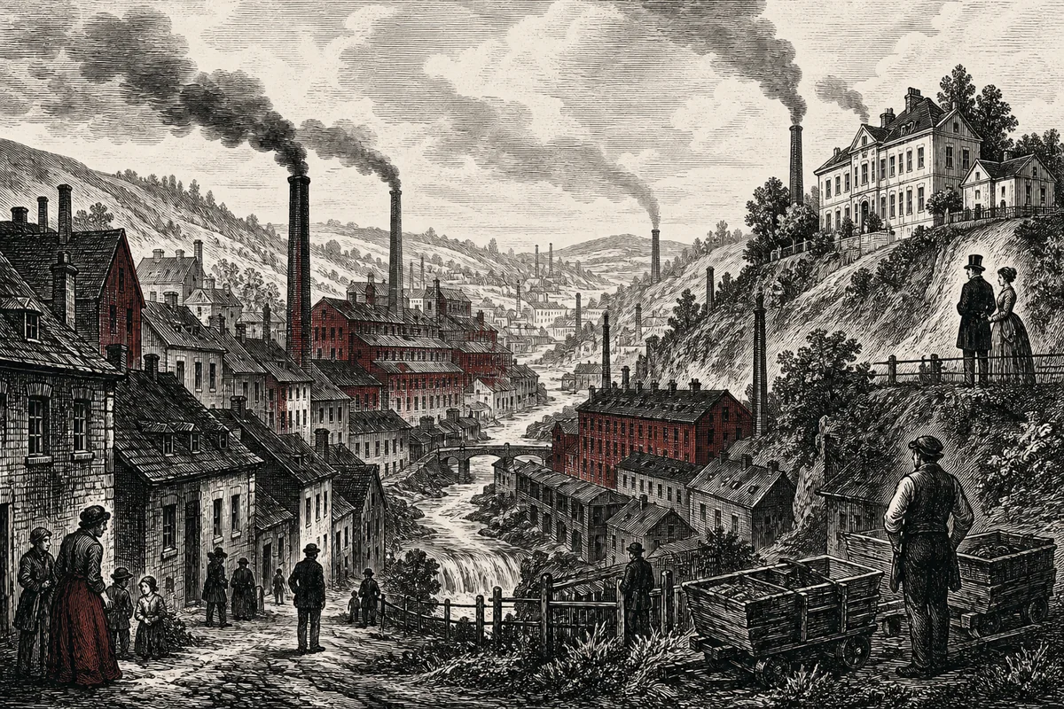 Historische Industrielandschaft im Wuppertal mit Textilfabriken, Wohnhäusern und bürgerlichem Anwesen