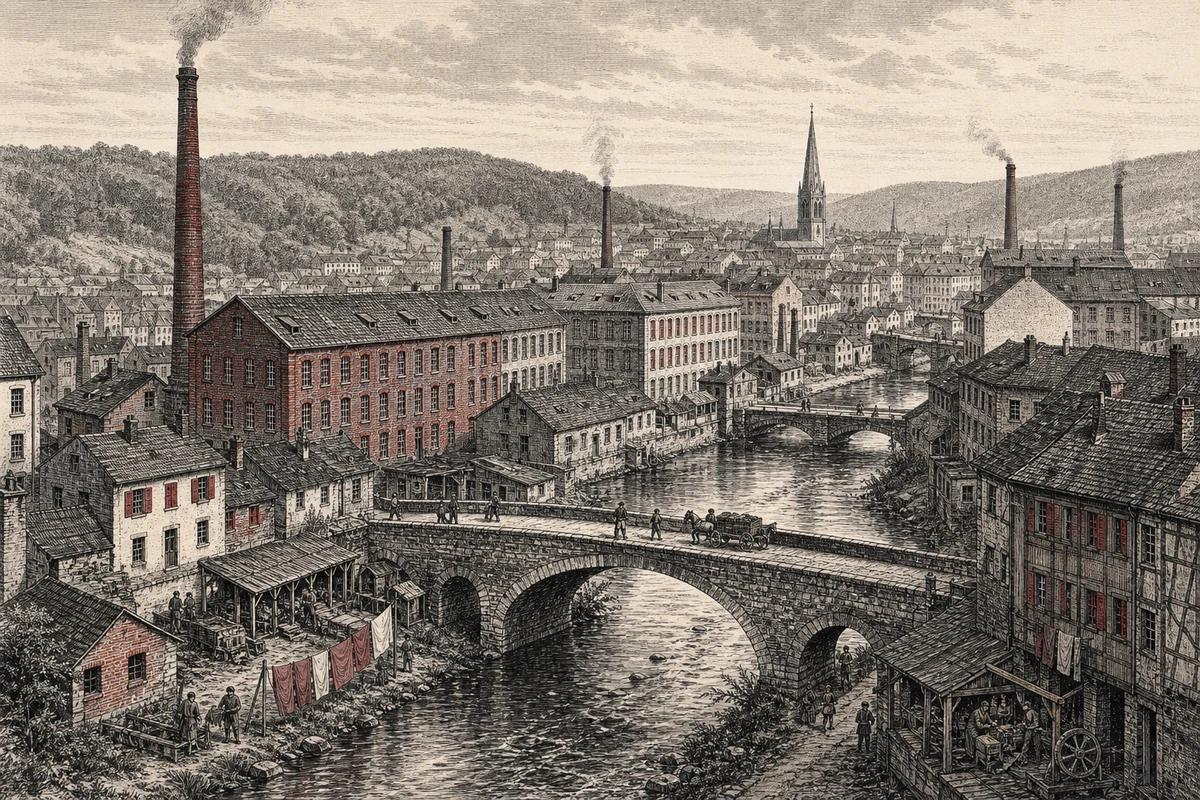 Historische Industrielandschaft im Wuppertal des 19. Jahrhunderts mit Textilfabriken, Brücken und Arbeiterhäusern