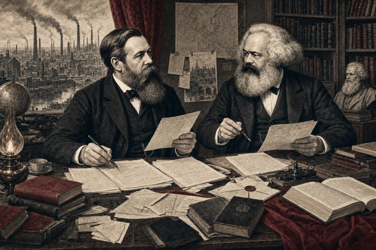 Friedrich Engels und Karl Marx bei der gemeinsamen Arbeit an Manuskripten, Briefen und politischen Schriften zwischen Manchester und London