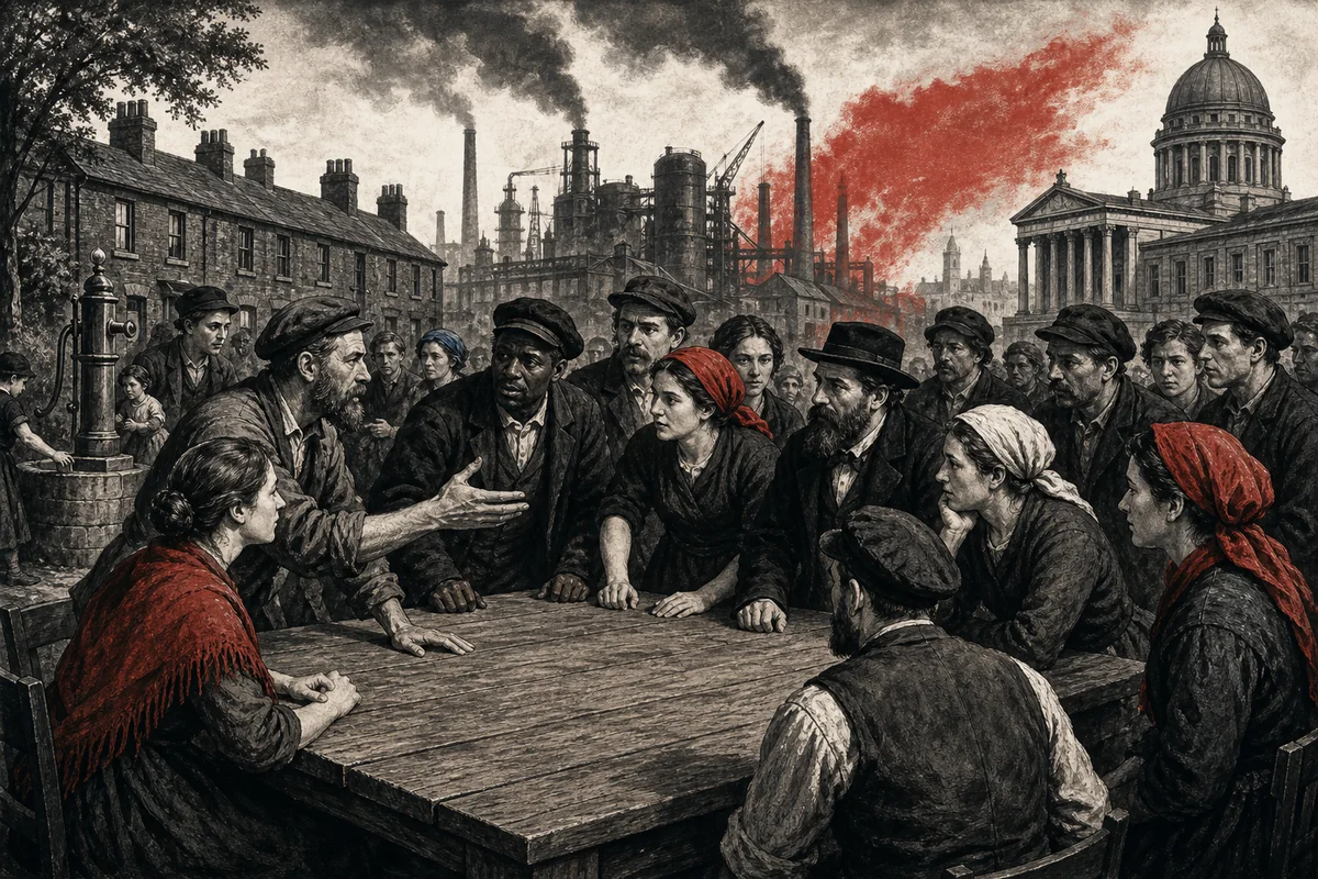 Historische Illustration mit arbeitenden Menschen an einem Tisch vor einer Industrie- und Stadtlandschaft